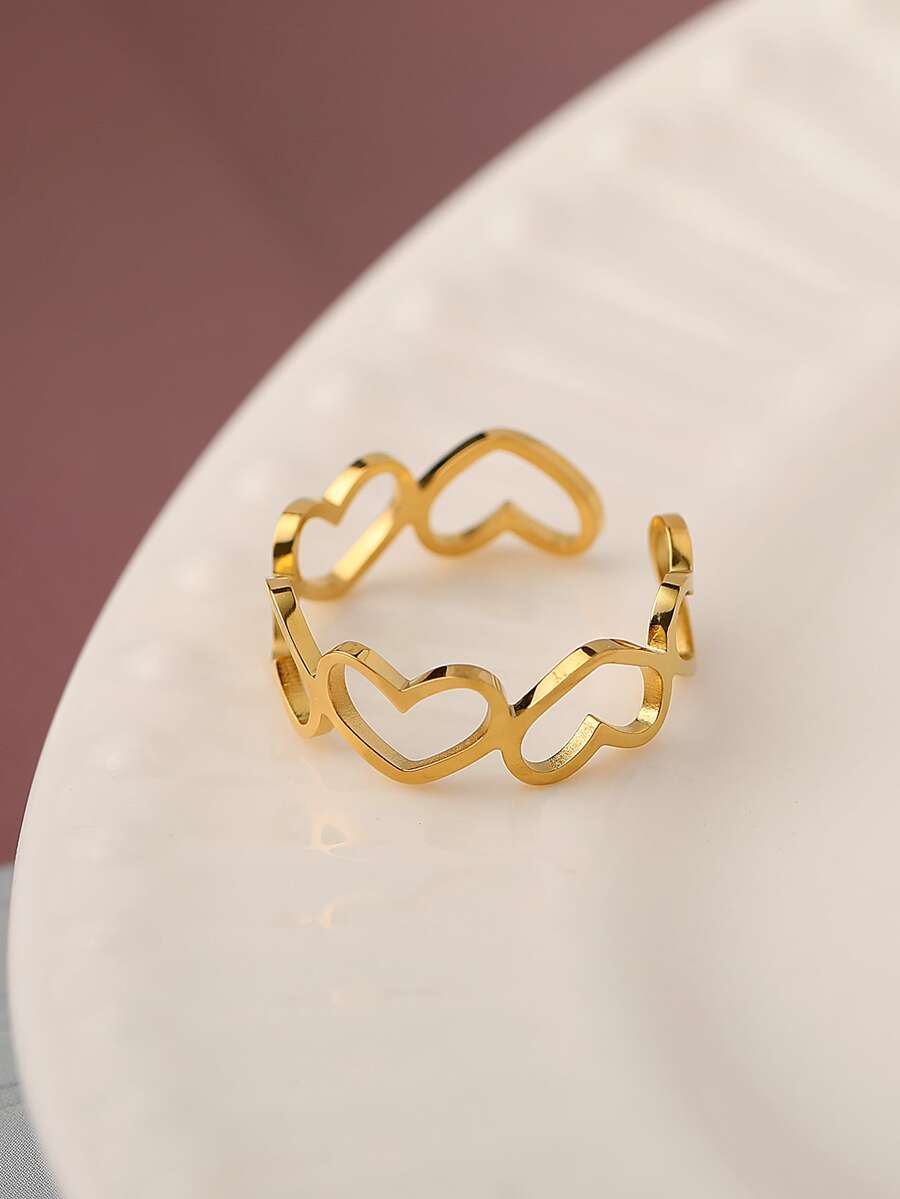 1pc Fashionable Gold Stainless Steel Hollow Heart Adjustable Open Ring, Versatile Retro Streetwear Y2K Punk Style - Yellow Gold - View 1