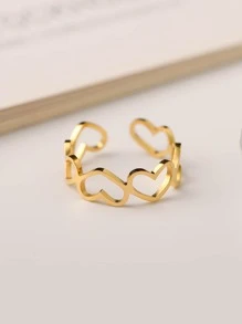 1pc Fashionable Gold Stainless Steel Hollow Heart Adjustable Open Ring, Versatile Retro Streetwear Y2K Punk Style - Yellow Gold - View 2