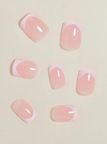 VV MEI JIA ER 24pcs Short Square French Manicure Nail Stickers, Nude, Pink, White Design, Full Coverage Adhesive Nail Strips, Reusable, Includes 1 Tape And 1 Nail File, Nail Care Set Nails Nail Supplies - Pink - View 3
