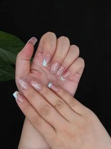 Elevate Your Style With 24pcs Baby Blue Base Metallic Butterfly Pattern Long Square Full Cover Fake Nail Press On Nails Manicure Kits - Multicolor - View 1