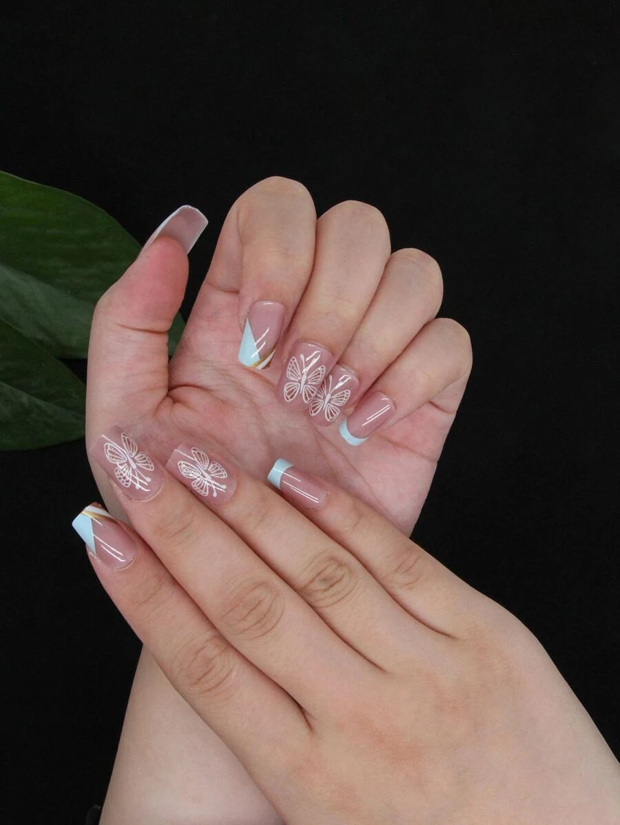 Elevate Your Style With 24pcs Baby Blue Base Metallic Butterfly Pattern Long Square Full Cover Fake Nail Press On Nails Manicure Kits - Multicolor - View 1