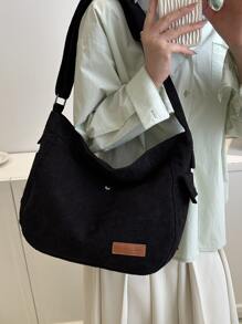 大容量燈芯絨學院風郵差包 - 黑色 - 查看 7