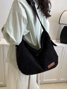 大容量燈芯絨學院風郵差包 - 黑色 - 查看 5