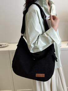 大容量燈芯絨學院風郵差包 - 黑色 - 查看 6