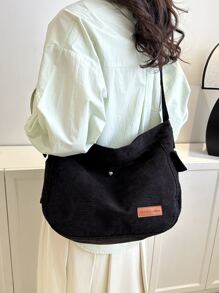 大容量燈芯絨學院風郵差包 - 黑色 - 查看 3