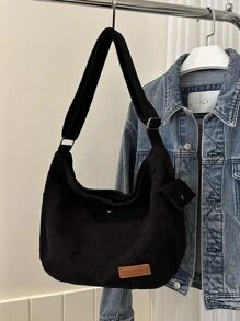 大容量燈芯絨學院風郵差包 - 黑色 - 查看 8