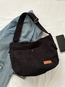 大容量燈芯絨學院風郵差包 - 黑色 - 查看 9