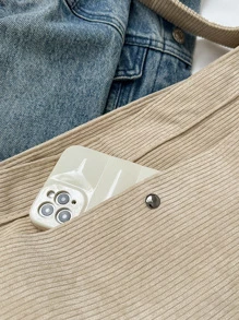 大容量燈芯絨學院風單肩包 - 米色 - 查看 10