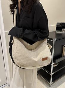 大容量燈芯絨學院風單肩包 - 米色 - 查看 4