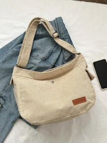 大容量燈芯絨學院風單肩包 - 米色 - 查看 7