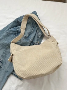 大容量燈芯絨學院風單肩包 - 米色 - 查看 8