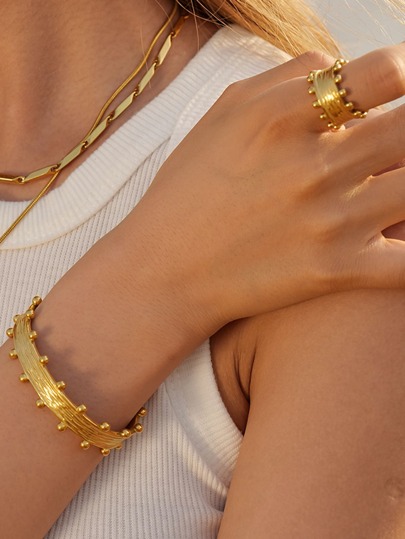 Uworld 1pc Fashionable Crown Shaped French 18k Gold Plated Wide Stainless Steel Cuff Bracelet, Ring, Earrings Jewelry Set For Women, Perfect For Party Decoration, Multiple Sizes