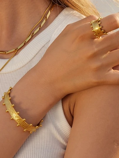 Uworld 1pc Fashionable Crown Shaped French 18k Gold Plated Wide Stainless Steel Cuff Bracelet, Ring, Earrings Jewelry Set For Women, Perfect For Party Decoration, Multiple Sizes