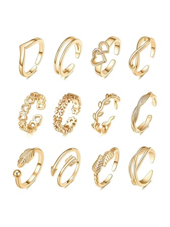 12入組/套女士聯合環帶箭頭,太陽和月亮圖案,腳趾環