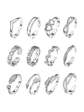 12入組/套女士關節戒指套裝,包括箭頭,星星,月亮設計腳趾環