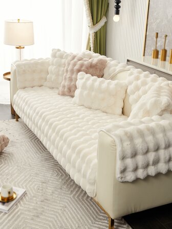 1pc Plush Winter Sofa Cushion Cover Solid Color Simple Anti-slip Sofa Seat Cover