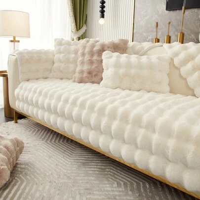 1pc Plush Winter Sofa Cushion Cover Solid Color Simple Anti-slip Sofa Seat Cover