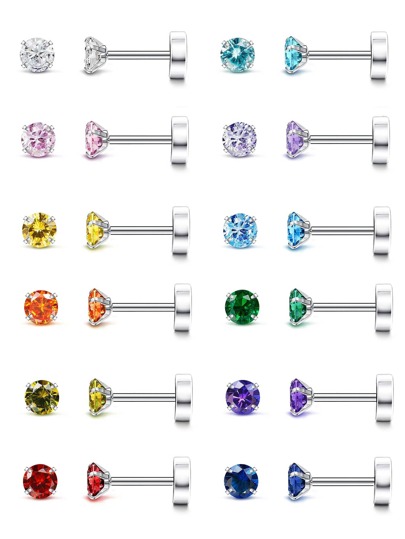 DAILI 12pairs Surgical Stainless Steel Cubic Zirconia Stud Earrings, Color Birthstone Rhinestone Decor Stud Earrings For Women & Girls, Birthday Gift, Date Night & Daily Wear Jewelry