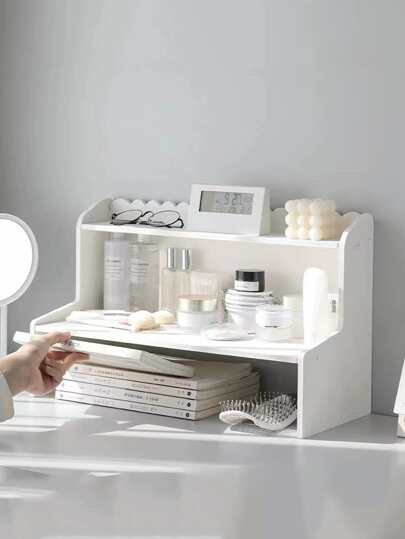 1pc Double Layer Raised Desk Storage Rack, Countertop Cosmetic Stationery Book Organizer For Dorm Office