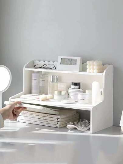 1入組雙層上調桌子收納架,檯面化妝品文具書收納適用於宿舍辦公室