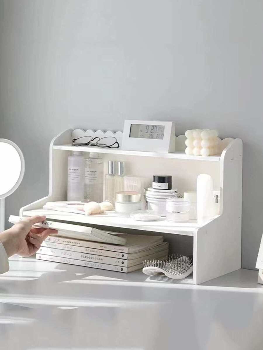 1入組雙層上調桌子收納架,檯面化妝品文具書收納適用於宿舍辦公室