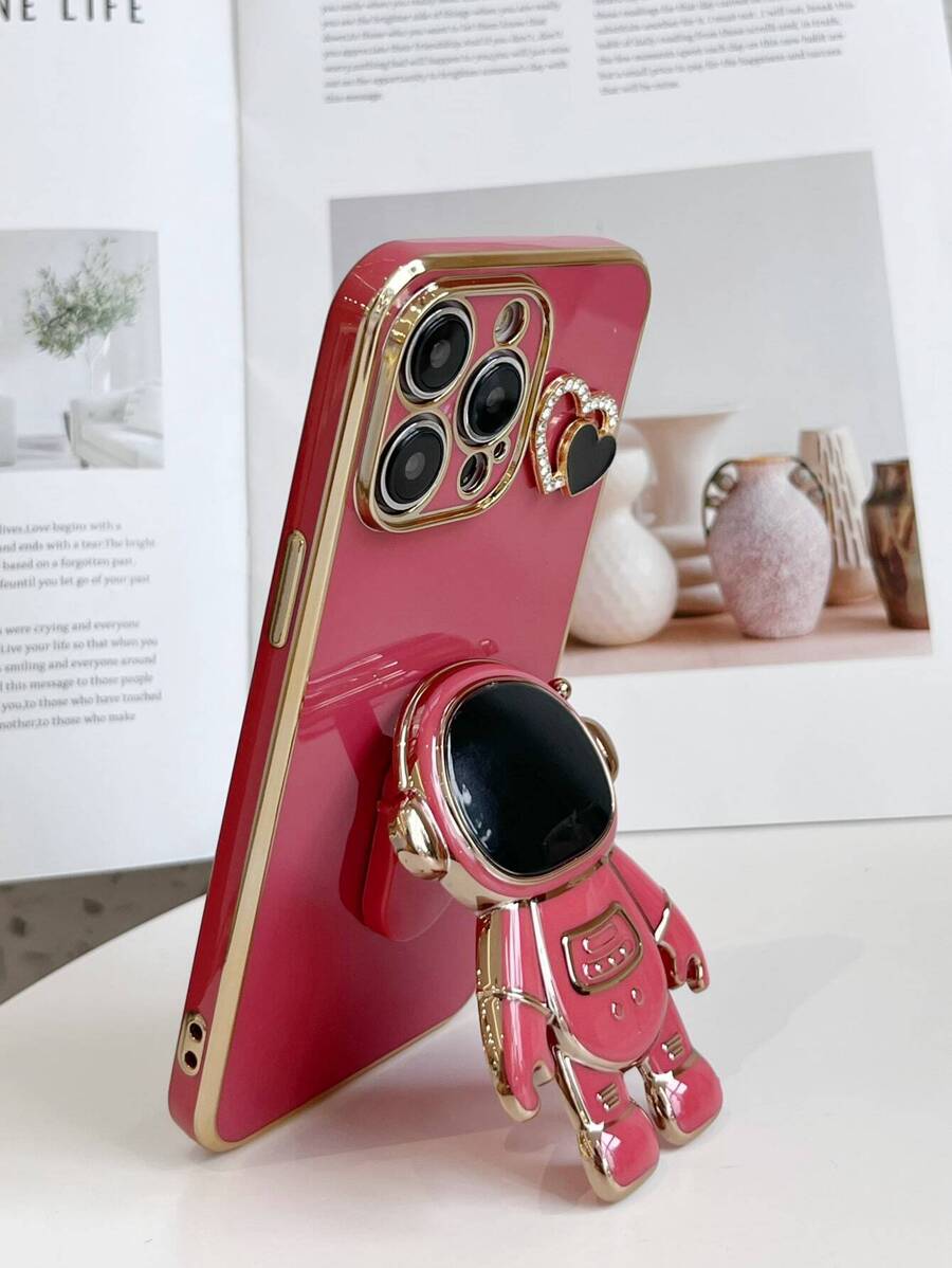 Funda de teléfono con baño de metal y diseño de astronauta, compatible con iPhone 15/15 Plus/15 Pro/15 Pro Max, versión internacional, no la versión nacional - Rojo - Ver 1