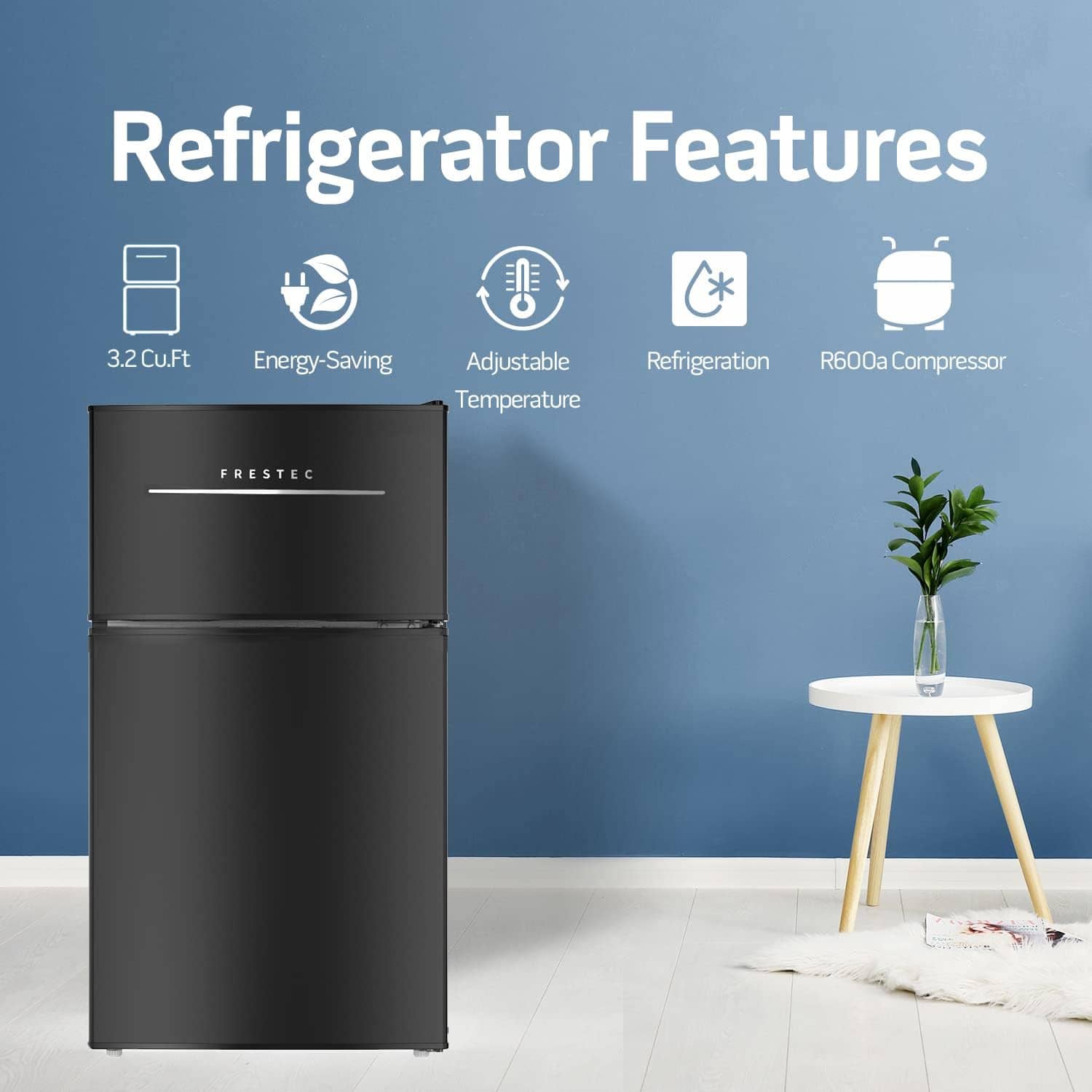 Mini Fridge with Frezzer,3.2 Cu.Ft Mini Fridge for Bedroom,Small Refrigerators,2 Door Compact Refrigerator 37dB Quiet,7-Settings Mechanical Thermostat,LED Lights for Dorm, Office, Apartment - 黑色 - 查看 1