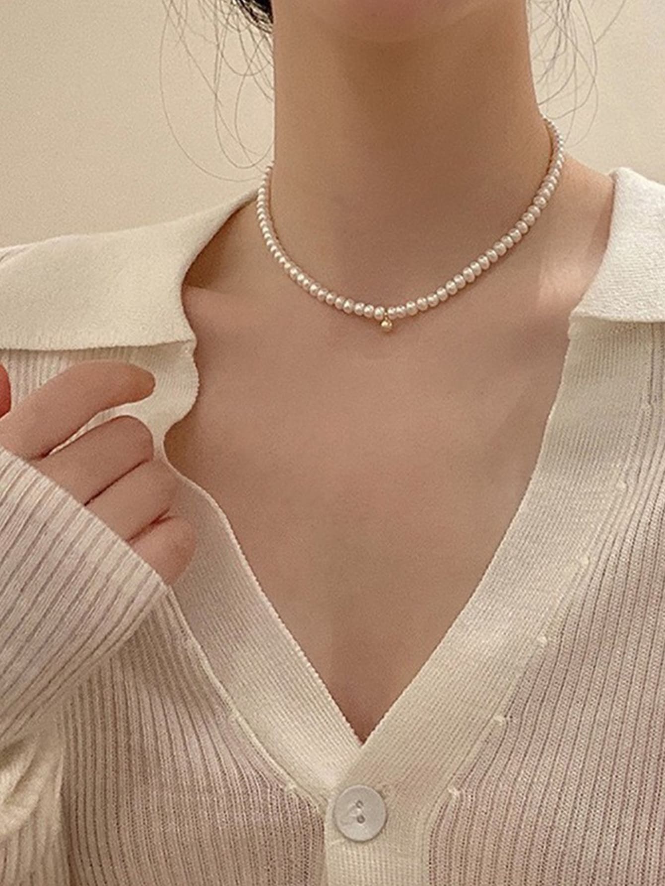 1pc Round Bead Pearl Necklace Elegant - White - View 1