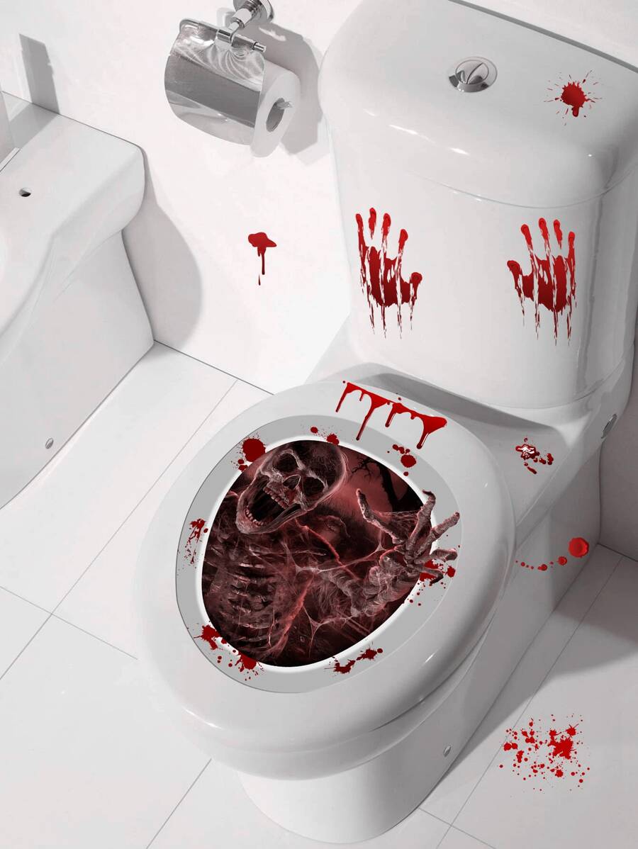 Miếng Dán Nhà Vệ Sinh Zombie Đầu Lâu Kinh Dị, Nhãn Dán Dấu Tay Máu Chống Nước Tự Dính Trang Trí Halloween Cho Tiệc Lễ Hội, Nhãn Dán Nắp Bồn Cầu, 11.61x9.65 Inch - Nhiều màu - Xem 1