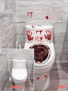 Miếng Dán Nhà Vệ Sinh Zombie Đầu Lâu Kinh Dị, Nhãn Dán Dấu Tay Máu Chống Nước Tự Dính Trang Trí Halloween Cho Tiệc Lễ Hội, Nhãn Dán Nắp Bồn Cầu, 11.61x9.65 Inch - Nhiều màu - Xem 6