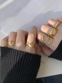 17KM 6 件套简约不对称形状女士戒指套装，非常适合度假和约会 - 金黃色 - 查看 1