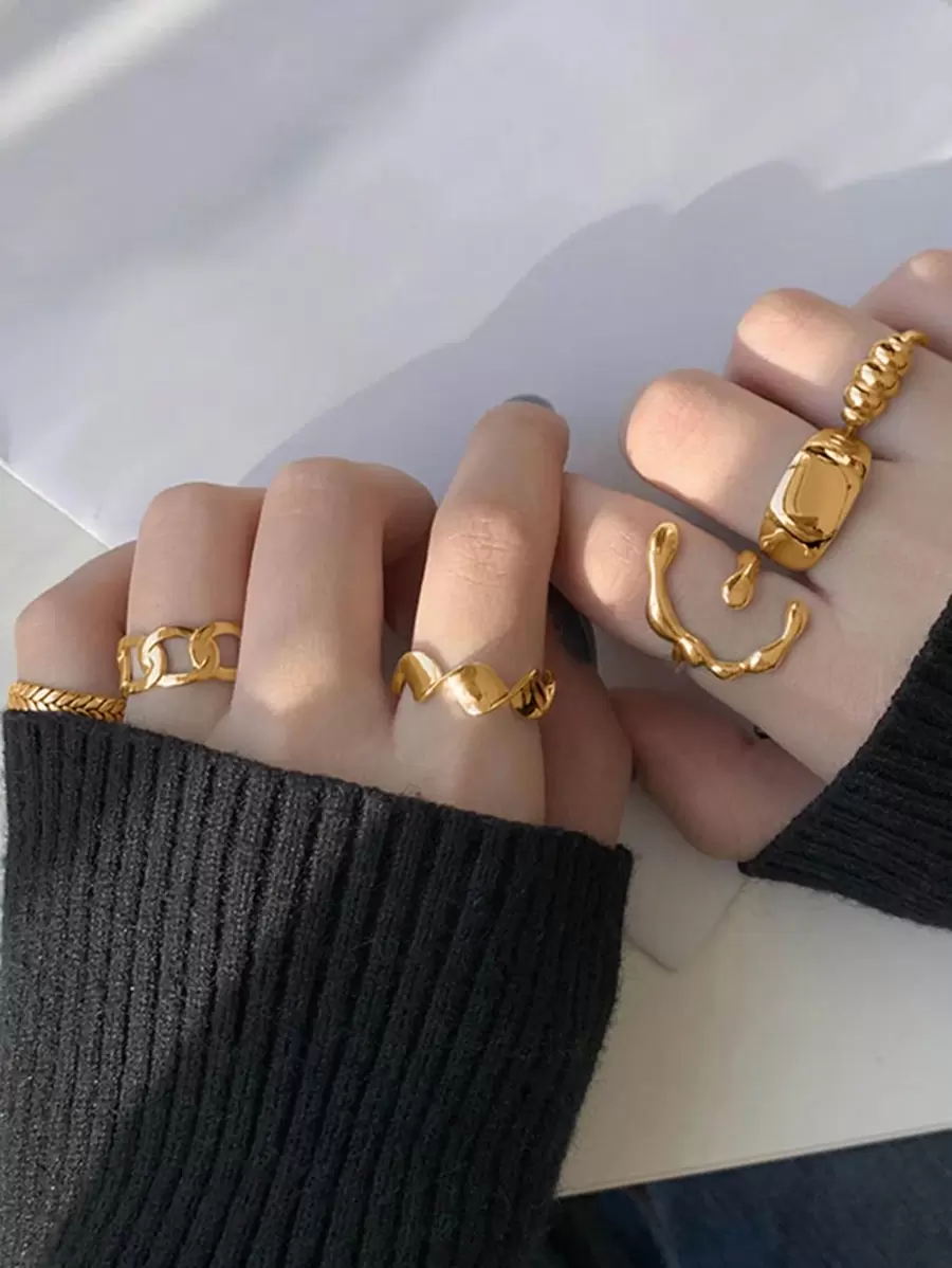 17KM 6 件套简约不对称形状女士戒指套装，非常适合度假和约会 - 金黃色 - 查看 1