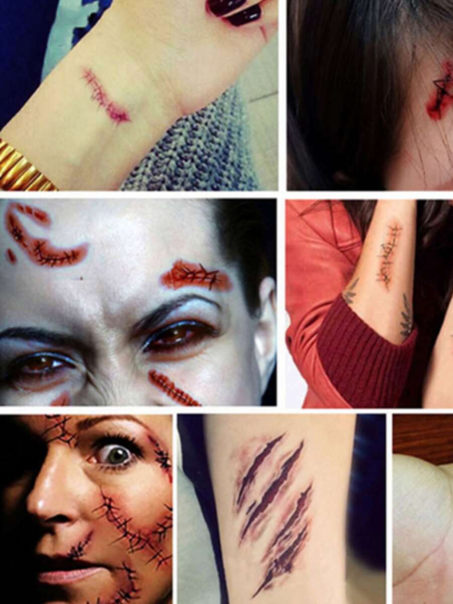 5pcs Halloween Zombie Scar Tattoos For Party Fake Scars Tattoos Sticker Decals For Face, Arm, Abdomen, Leg - Red - View 1