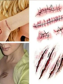 5pcs Halloween Zombie Scar Tattoos For Party Fake Scars Tattoos Sticker Decals For Face, Arm, Abdomen, Leg - Red - View 6