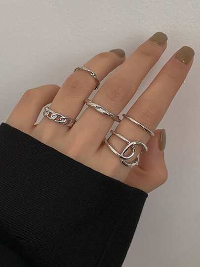 17KM 5pcs Simple Geometric Design Rings For Women, Vacation And Dating Gift