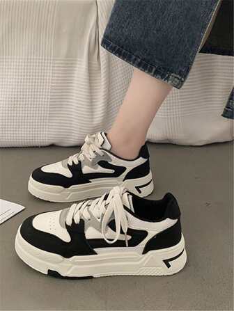 Women's Fashion Black And White Patchwork Casual Sneakers, Round Toe Low-Top Lace-Up Canvas Shoes