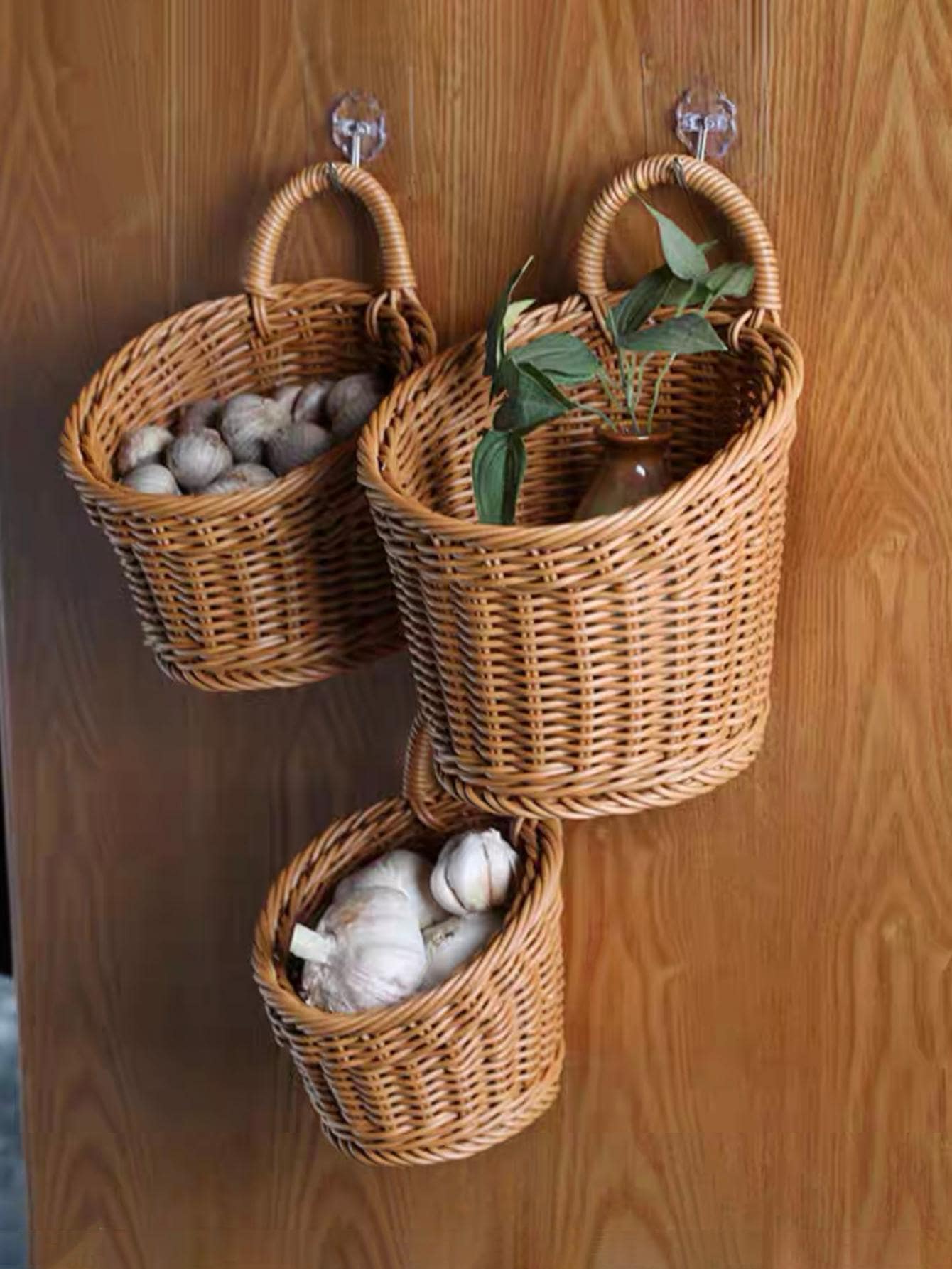 Wand Hängender Webkorb Aus Plastik-Rattan - Aufbewahrung Für Knoblauch & Küchengewürze