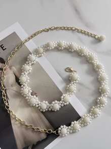 1 pieza Elegante cadena de cintura con cuentas de perlas falsas para mujeres, accesorio de vestido de verano - Blanco - Ver 5