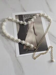 1 pieza Elegante cadena de cintura con cuentas de perlas falsas para mujeres, accesorio de vestido de verano - Blanco - Ver 4