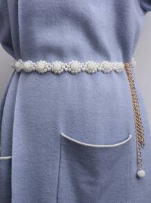1 pieza Elegante cadena de cintura con cuentas de perlas falsas para mujeres, accesorio de vestido de verano - Blanco - Ver 2