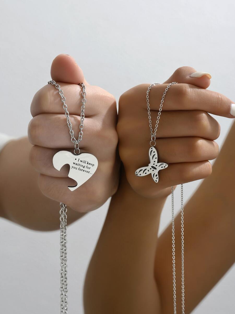 2 piezas Set collar con mariposa Love Love pareja - Plateado - Ver 1