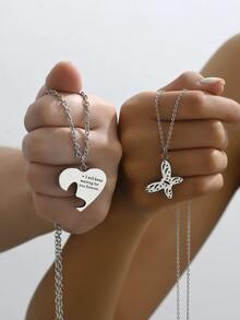 2 piezas Set collar con mariposa Love Love pareja - Plateado - Ver 3
