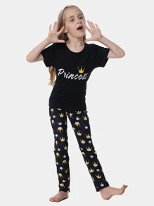 2入組青少女皇冠印花短袖t恤和柔軟長褲貼身睡衣套裝,適用於母女款 - 黑色 - 查看 5