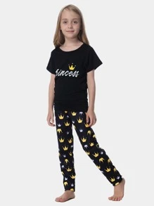 2入組青少女皇冠印花短袖t恤和柔軟長褲貼身睡衣套裝,適用於母女款 - 黑色 - 查看 6