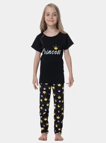 2入組青少女皇冠印花短袖t恤和柔軟長褲貼身睡衣套裝,適用於母女款 - 黑色 - 查看 2