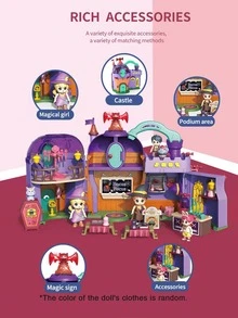Stomle Family Halloween Themed Transformable Castle, Musical Magic Academy, Portable Doll House Set For Children's Pretend Play. Comes With 4 Dolls And Random Colored Outfits. - Blue - View 5
