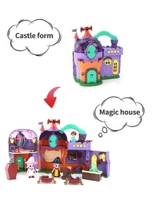 Stomle Family Halloween Themed Transformable Castle, Musical Magic Academy, Portable Doll House Set For Children's Pretend Play. Comes With 4 Dolls And Random Colored Outfits. - Blue - View 3