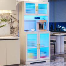 Vlsrka 67" LED Storage Cabinet With Charging Station, Sockets & USB Ports, Kitchen Pantry Cabinet, Hutch Cabinet For Dinning Room, Buffet Sideboard, Microwave Cabinet With Top & Bottom Doors