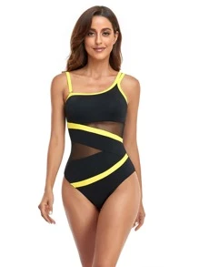 One-Piece Mesh Splicing Swimwear With Piping Edge - Black - View 3