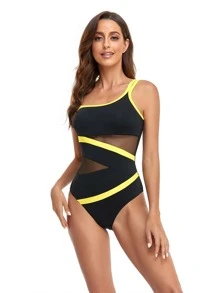 One-Piece Mesh Splicing Swimwear With Piping Edge - Black - View 4